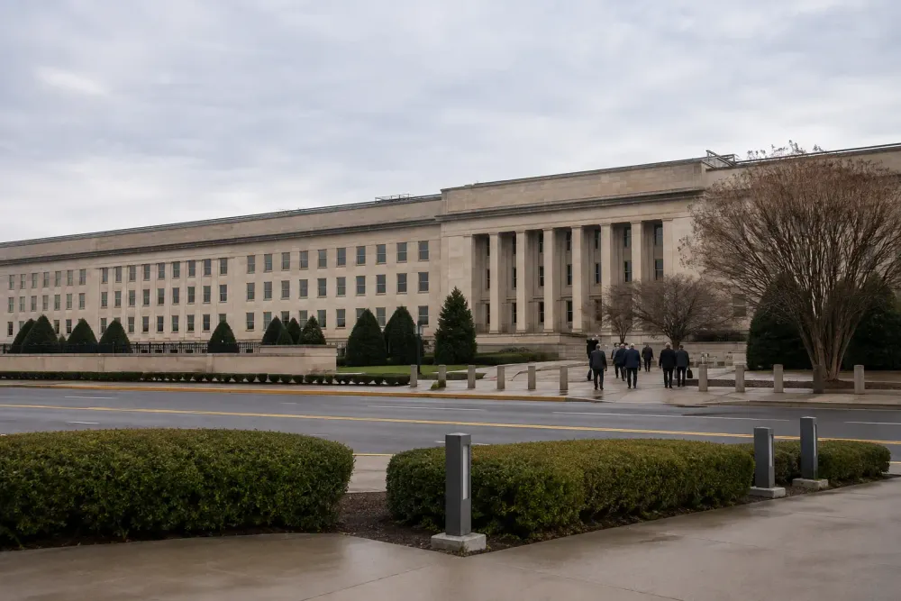 The Pentagon exterior on an overcast morning as civilian officials walk toward an entrance