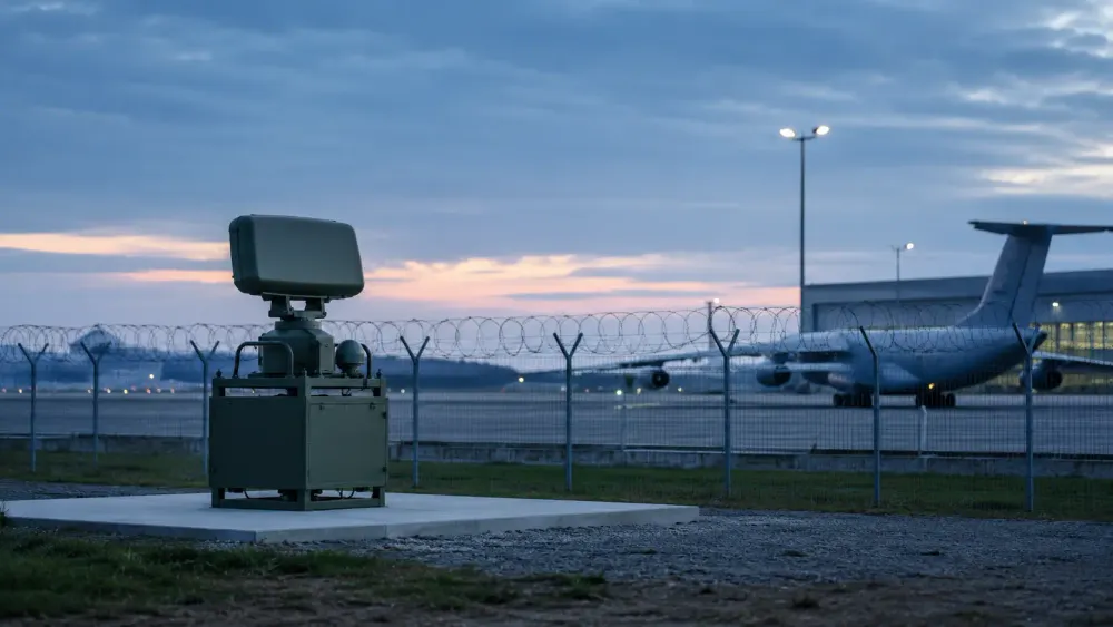 Unbranded counter-drone radar monitoring a generic cargo airfield at dawn