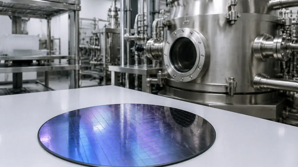 A silicon wafer in front of stainless-steel processing equipment in a specialty materials laboratory