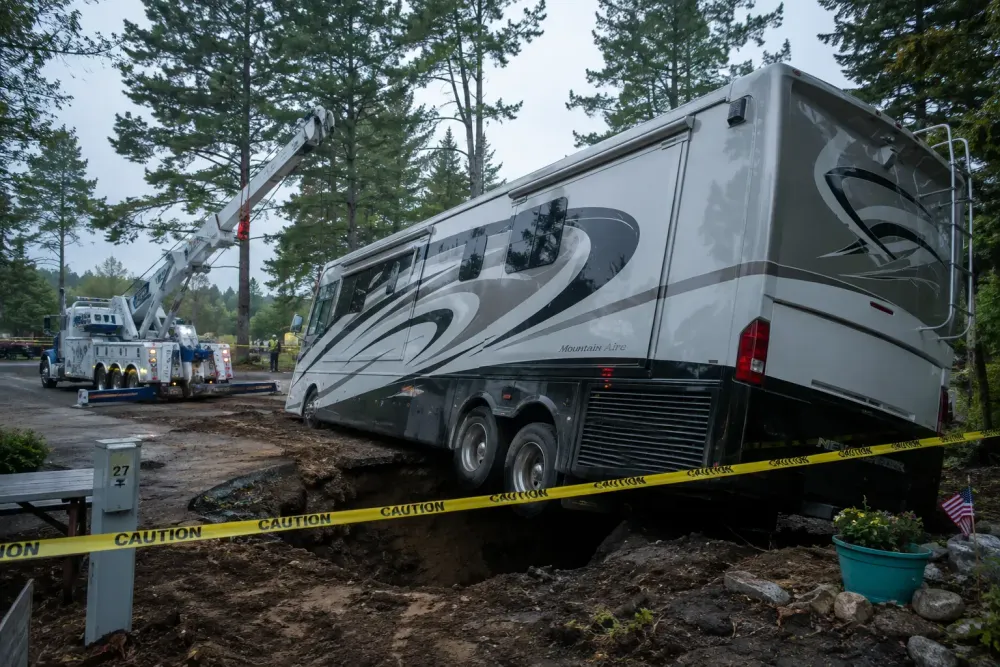 A 39 Foot Motorhome Fell Into a Buried Septic Tank at a Vermont Campground. On-Site Recovery Cost More Than $4,000.