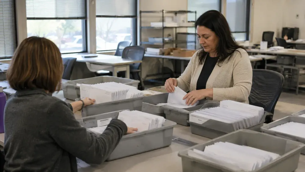 Election workers sort sealed mail-ballot envelopes at a county elections office.