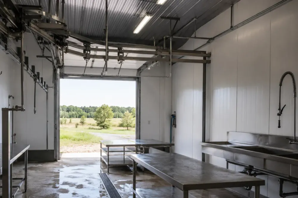 An empty small-scale meat-processing room with stainless-steel tables, overhead rails and an open doorway to pasture