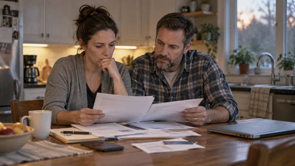 Two adults review health-insurance paperwork at their kitchen table