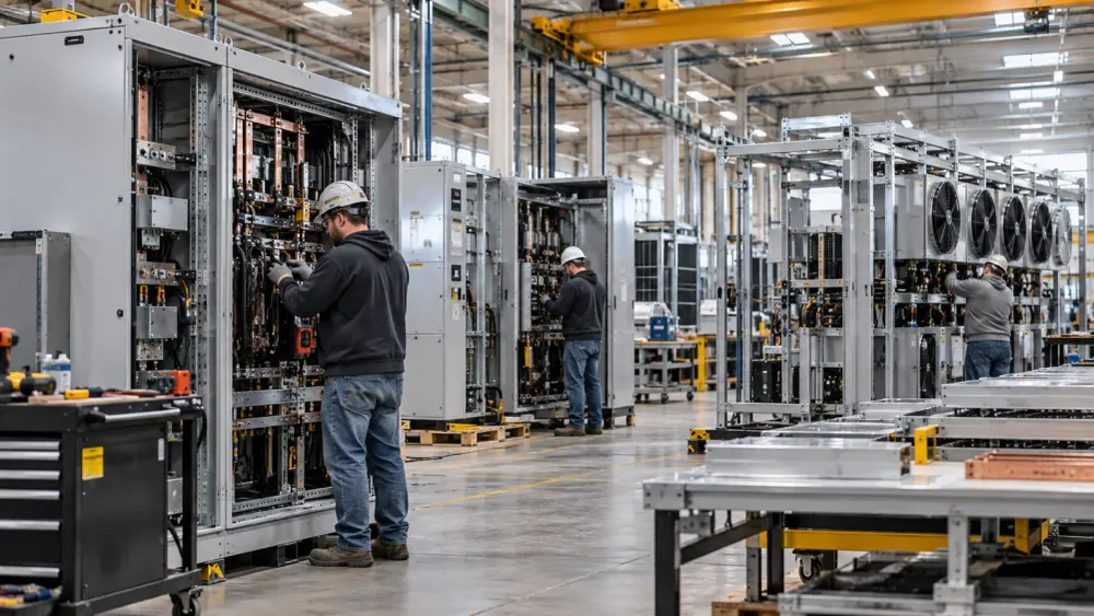 Workers assemble electrical power-distribution cabinets and cooling frames on a modern data-center infrastructure factory floor.