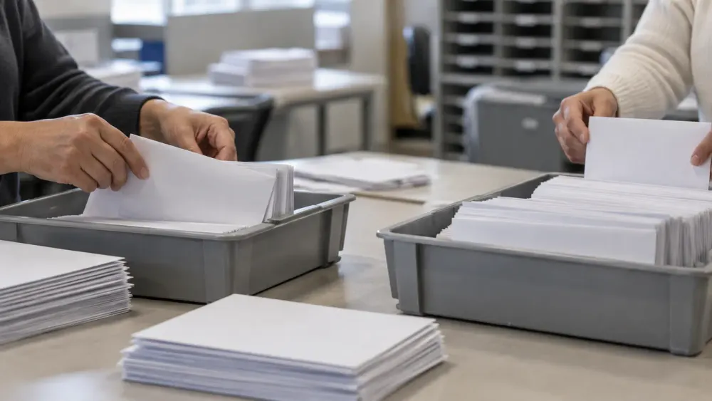 Plain sealed envelopes being sorted into unbranded postal trays in a generic mail-processing workspace