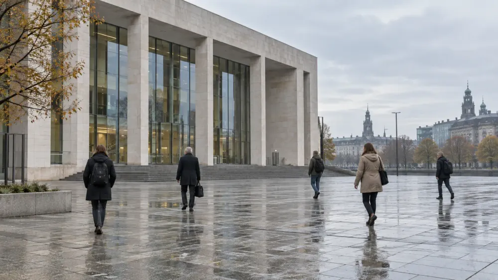 Pedestrians cross a wet civic plaza outside an unbranded German government building.