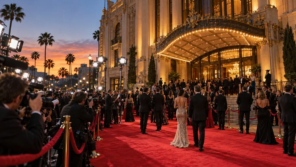 Film festival attendees and photographers gather on a red carpet outside a classic Hollywood movie palace at dusk.