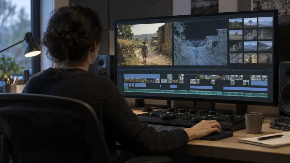 A film editor reviews conventional and synthetic documentary footage in a professional post-production suite