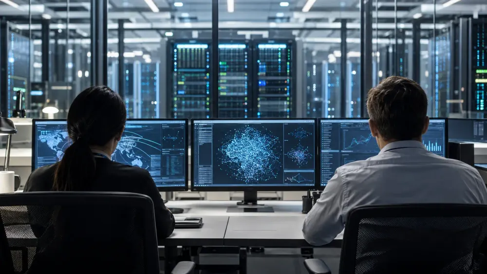 Cybersecurity professionals monitor advanced AI systems in a secure data-center operations room.