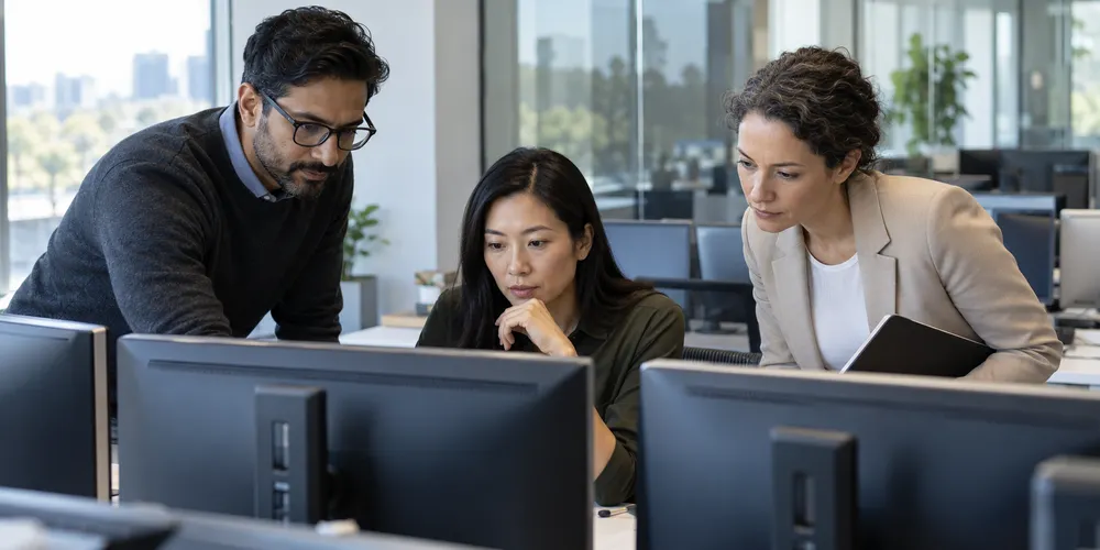 Three technology professionals review computer systems together in a modern office.