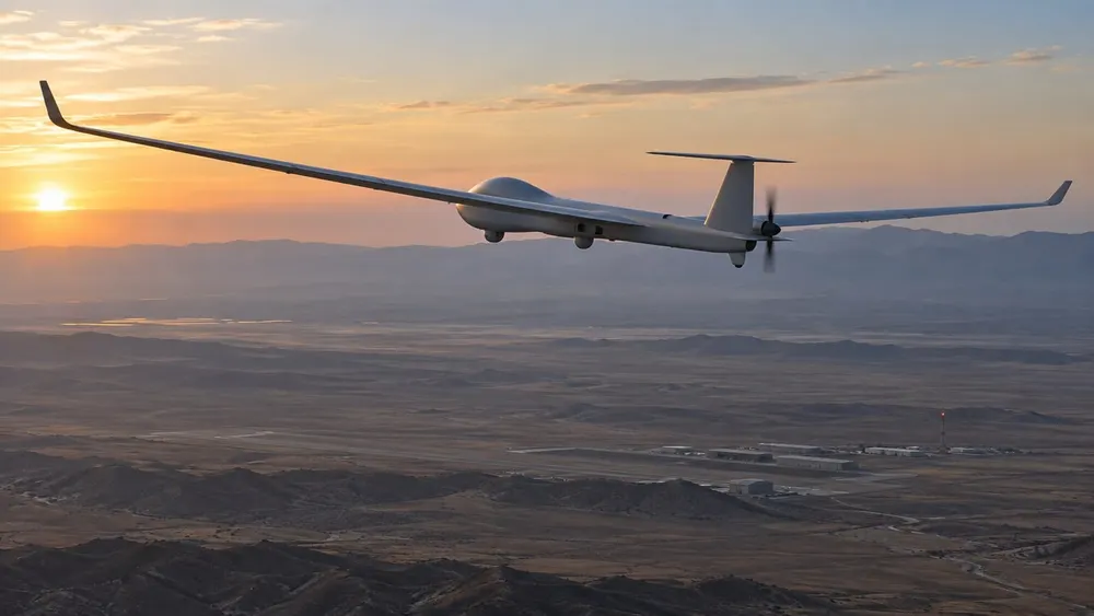 A long-winged uncrewed reconnaissance aircraft flying over an arid landscape at dawn