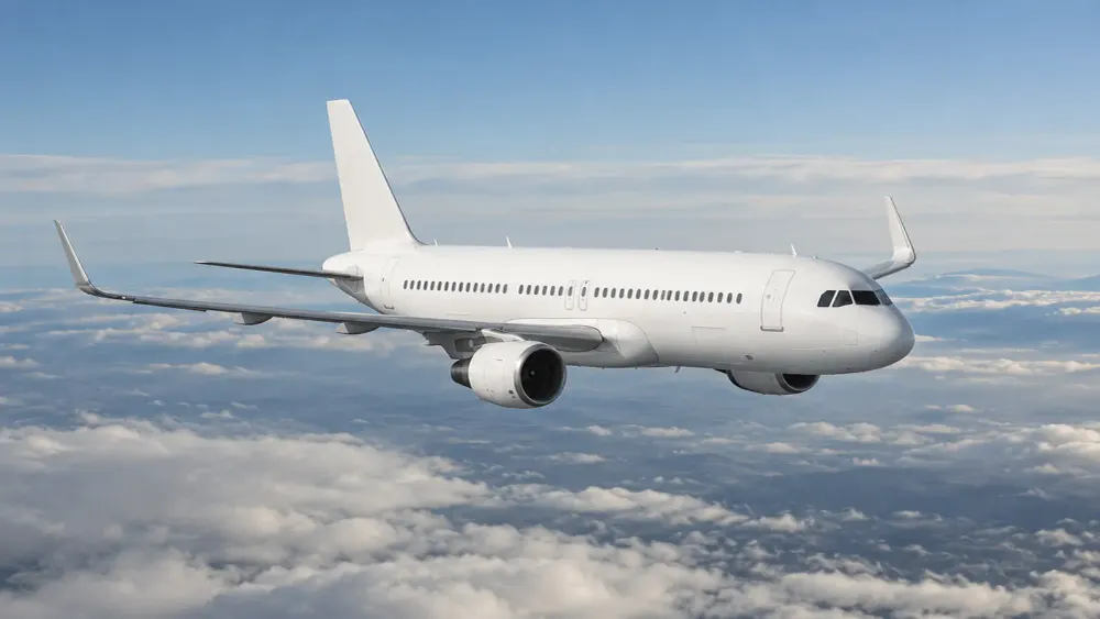 Unbranded passenger aircraft cruising above layered clouds in neutral daylight