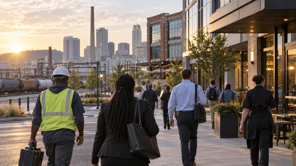 Workers arriving at a Birmingham employment district in early morning light
