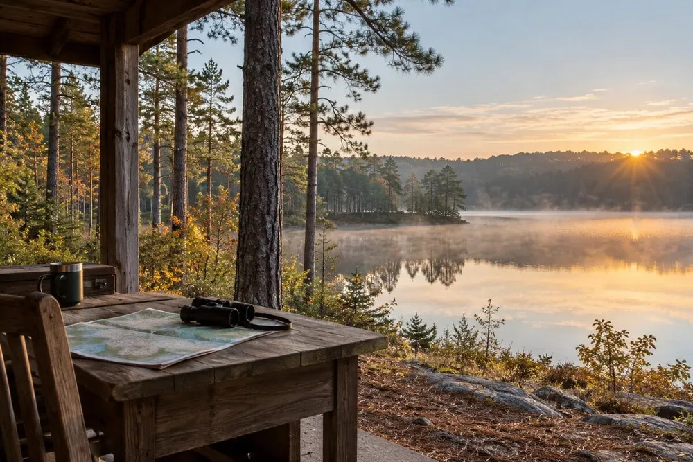 Binoculars and a folded trail map on a wooden table overlooking a quiet forested Alabama lake at sunrise