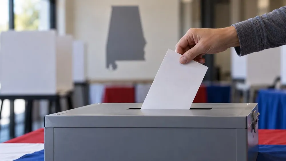 A voter places an unmarked ballot into a secure ballot box with a subtle Alabama silhouette in the background.