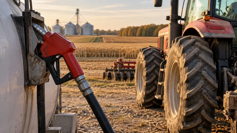 Unbranded farm tractor beside a diesel fuel nozzle at an Alabama field during harvest season.