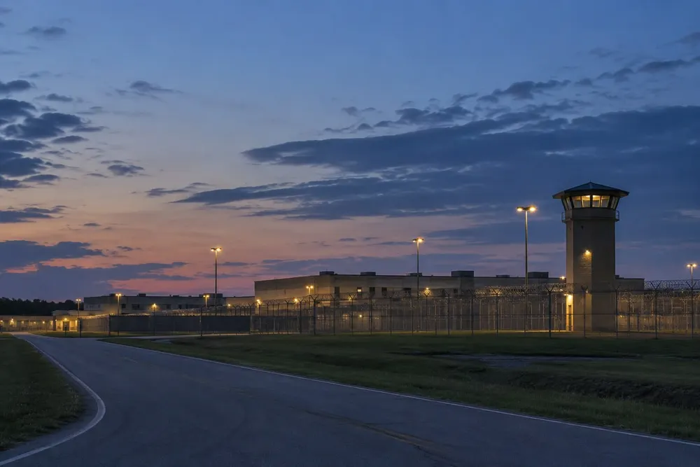 Conceptual editorial view of a generic correctional complex at dusk
