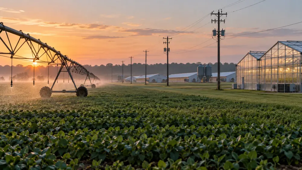 Center-pivot irrigation, greenhouses and poultry houses connected to utility lines on an Alabama farm at sunrise.