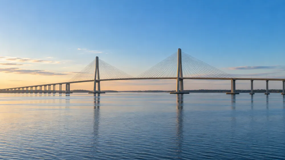 Illustrative view of a cable-stayed bridge crossing calm Alabama Gulf Coast water.