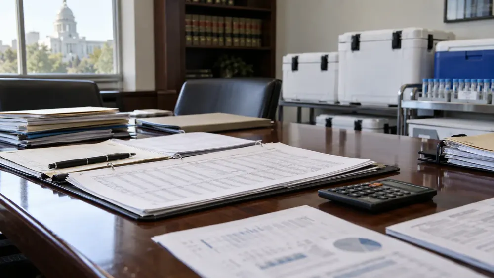 Audit documents, a calculator and vaccine shipping containers arranged in a government conference room