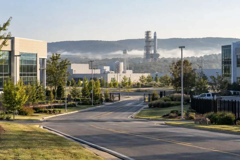 Wide view of a modern aerospace campus and roadway in Huntsville, Alabama, with a distant rocket structure
