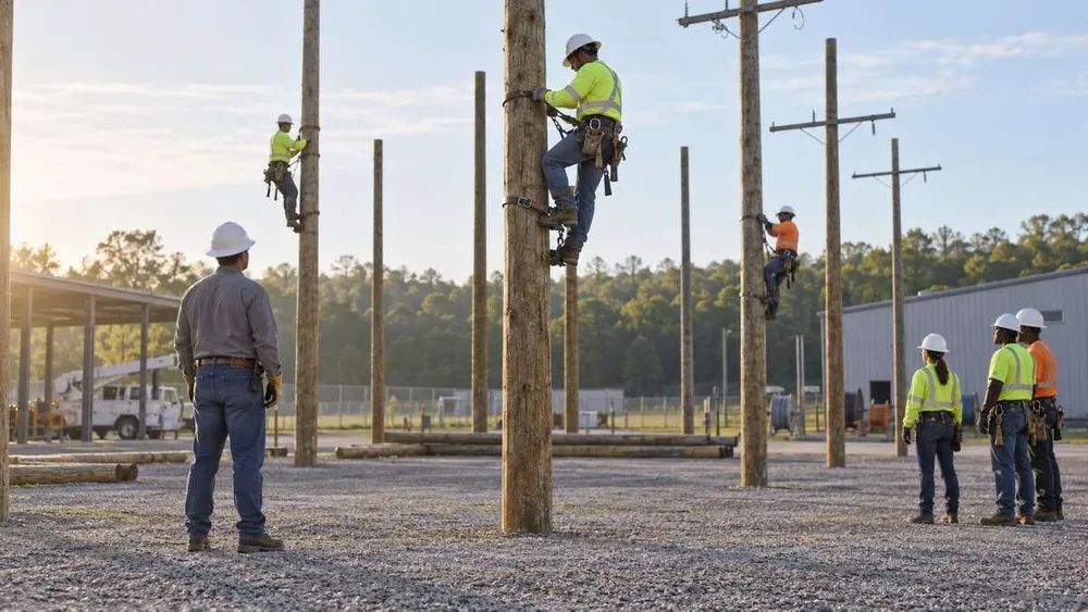 Illustration of adult lineworker trainees practicing on de-energized utility poles at a generic training yard.