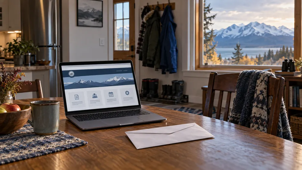 Alaskan household table with a plain envelope and laptop near a mountain window
