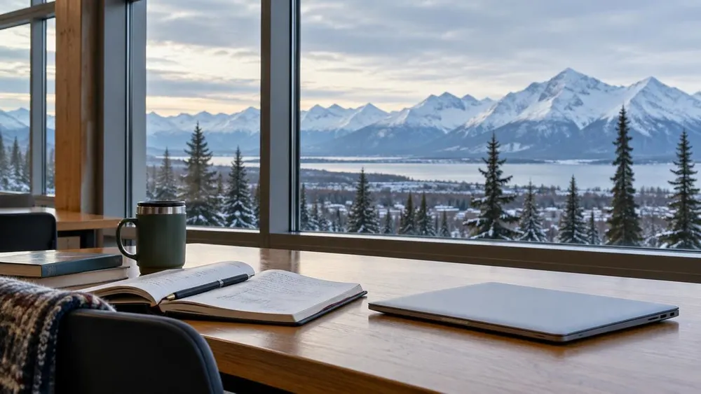 A university study table with books, a notebook and laptop overlooking a snowy Alaska mountain landscape.