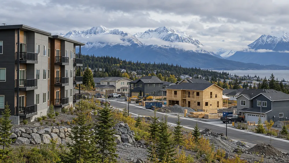 Alaska apartment buildings and new homes beneath distant mountains