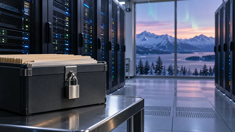 Illustrative view of secured medical records and server infrastructure against an Alaska winter backdrop.