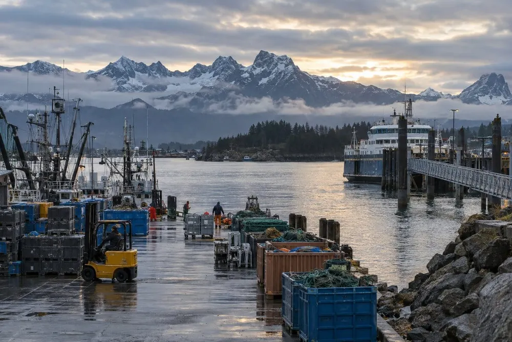 An Alaska fishing harbor and ferry dock with workers, equipment and snow-dusted mountains under a cloudy morning sky