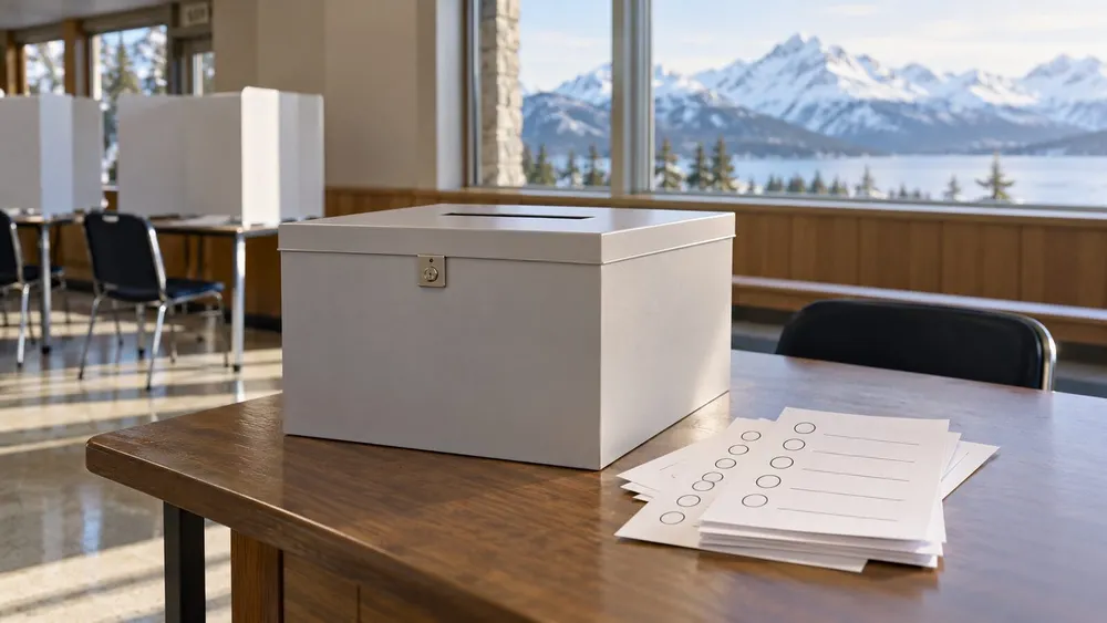 Generic ballot box and blank ranked-choice ballots in an Alaska civic hall with snowy mountains outside.