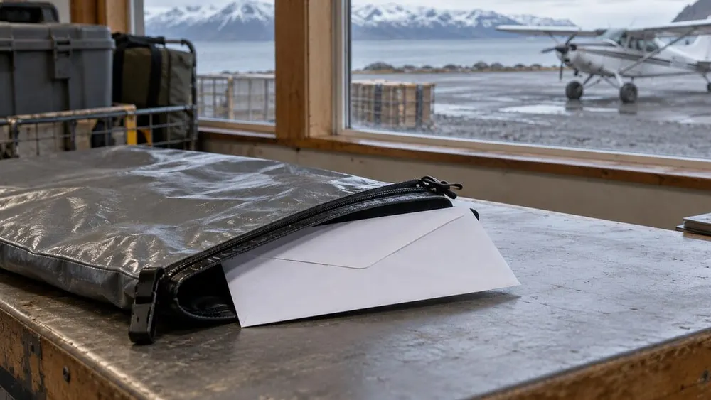 A blank ballot-style envelope in a weatherproof mail pouch at a rural Alaska air terminal, with a bush plane outside.