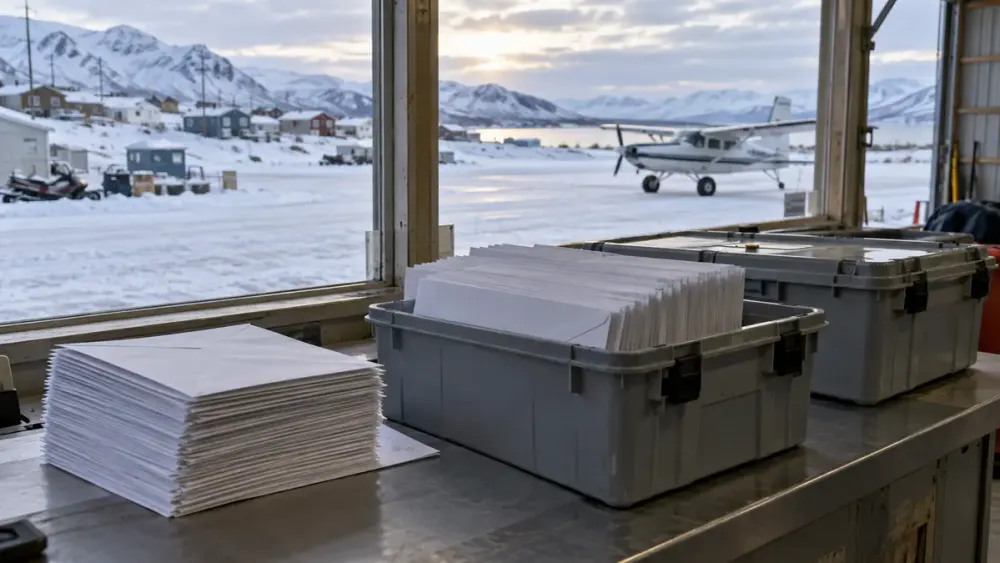 Plain ballot envelopes and secure mail trays in a rural Alaska air-cargo facility, with a bush plane and snowy village outside.
