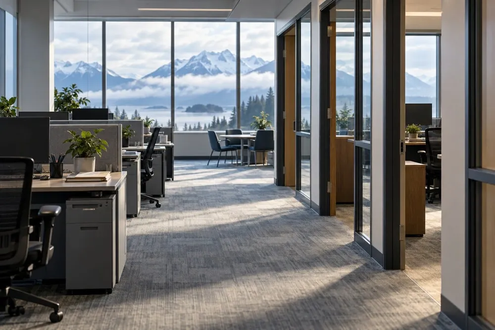 Conceptual editorial image of an unoccupied Alaska government office with mountains visible through the windows