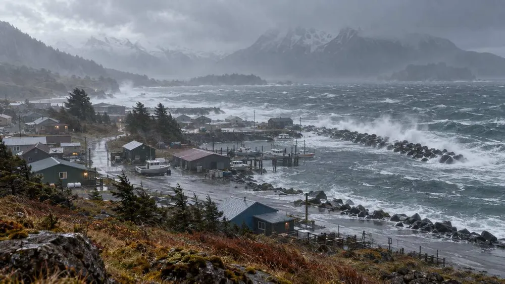 Illustration of a generic Alaska coastal community facing high winds, rough water and heavy rain during an autumn storm.