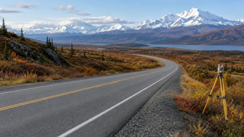 An empty Alaska highway curves through autumn tundra toward snow-covered mountains beside a survey tripod.