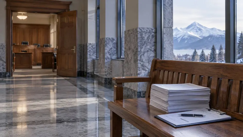 Editorial image of an empty courthouse corridor with unmarked legal papers and snowy mountains outside