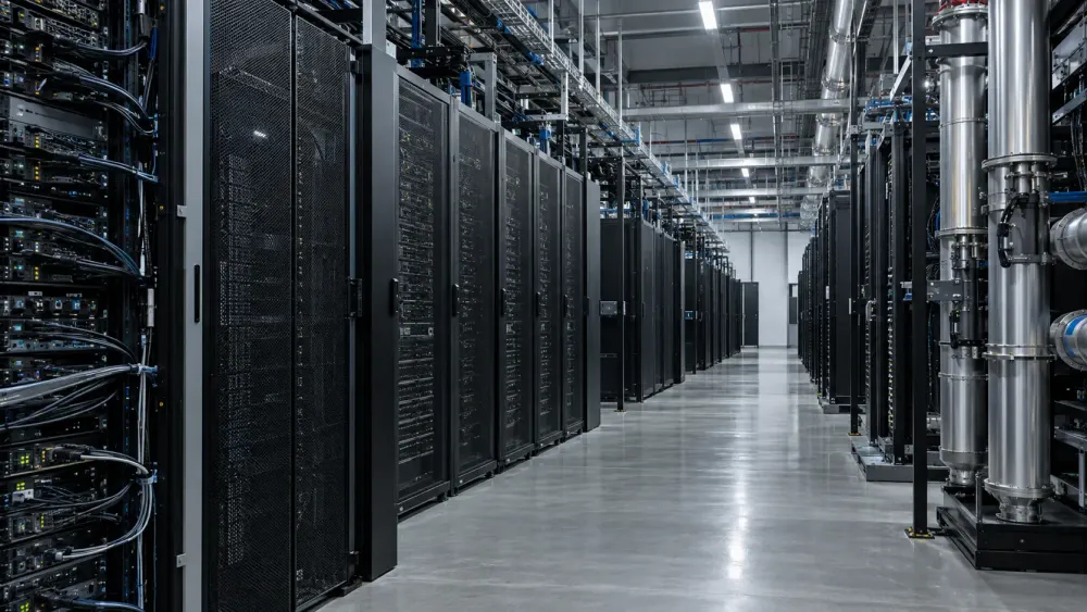 Rows of AI server racks and accelerator hardware in a modern data center under natural industrial lighting