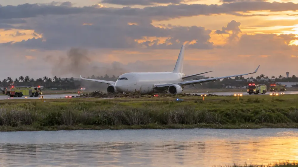A generic twin-engine cargo aircraft disabled beyond an airport runway as fire-rescue vehicles respond at a distance.