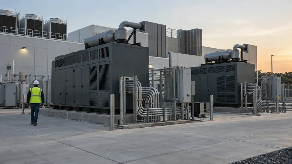 Industrial backup generators and electrical infrastructure outside a modern data center at sunrise