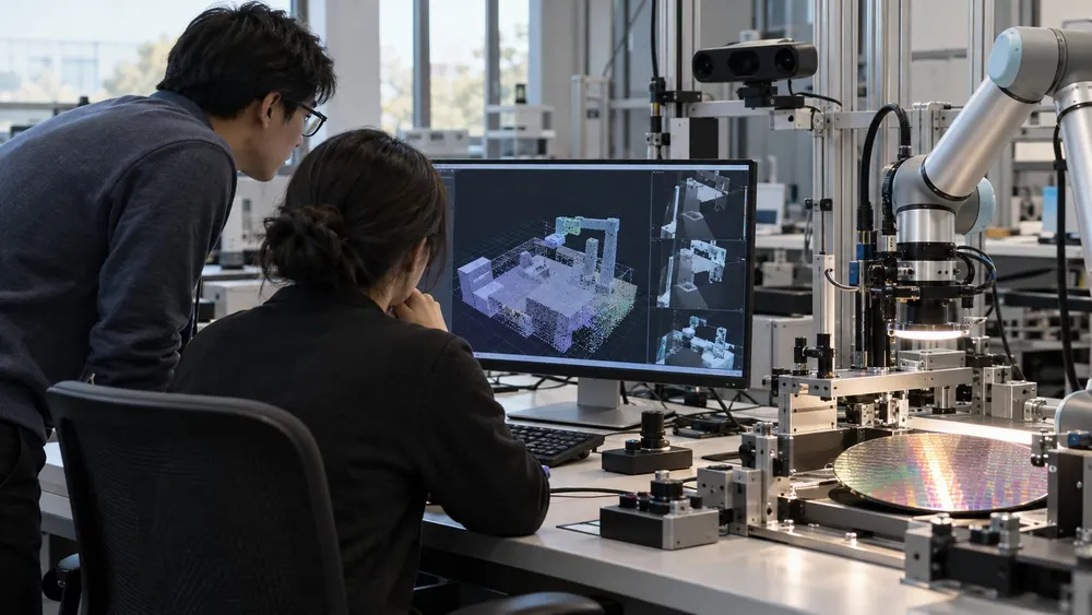 Two engineers study a spatial model beside robotics equipment and a silicon wafer in a research lab.
