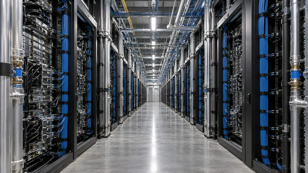 Symmetrical aisle of high-density server racks, cooling pipes and blue fiber-optic cables inside a large data center.