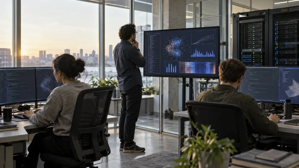 Artificial-intelligence engineers evaluate model performance beside server racks in a modern technology lab.