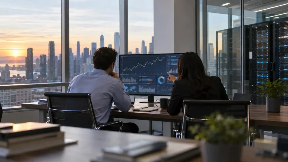 Two anonymous analysts reviewing unlabeled market charts in a modern office beside a glass-walled server room