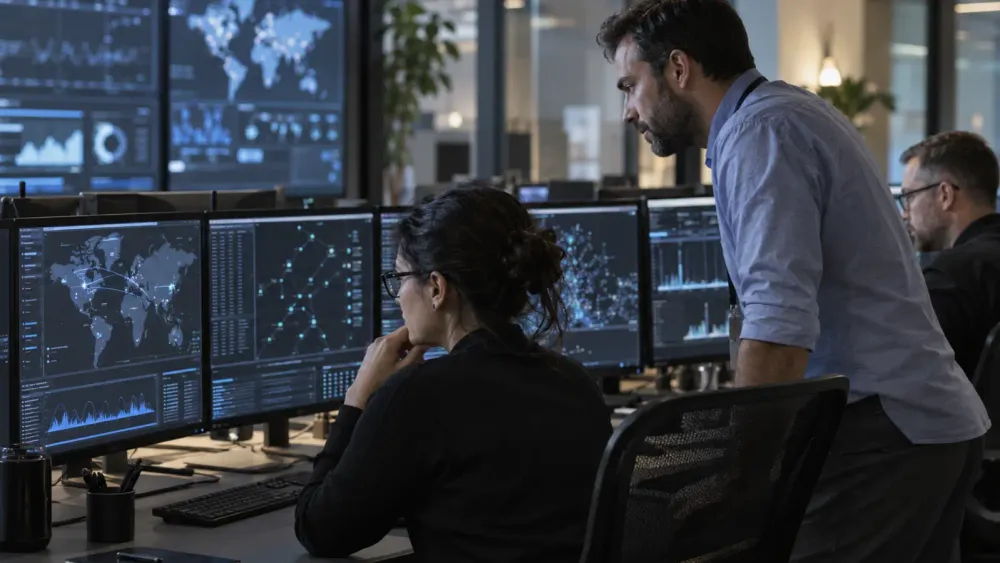 Cybersecurity analysts reviewing network activity in an unbranded operations center