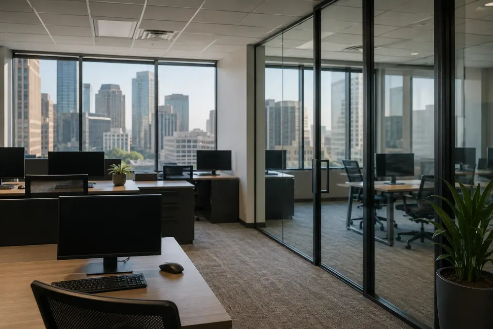 Unbranded modern insurance brokerage office with glass meeting rooms and a city view in natural morning light