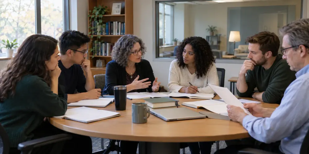 Graduate psychology trainees and faculty review materials around a seminar table in a university training room.