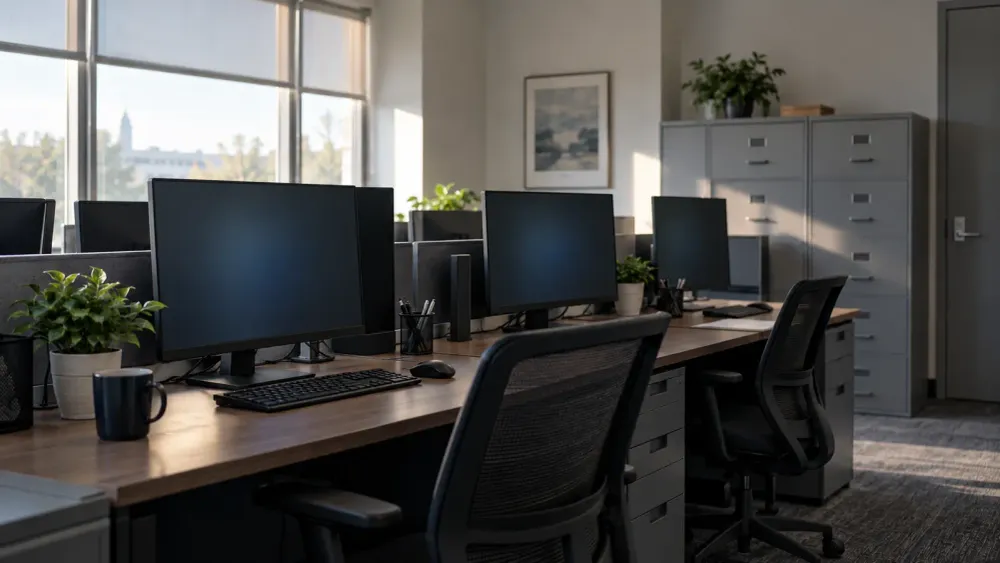 Unbranded computers with dark privacy screens in a quiet election administration workspace