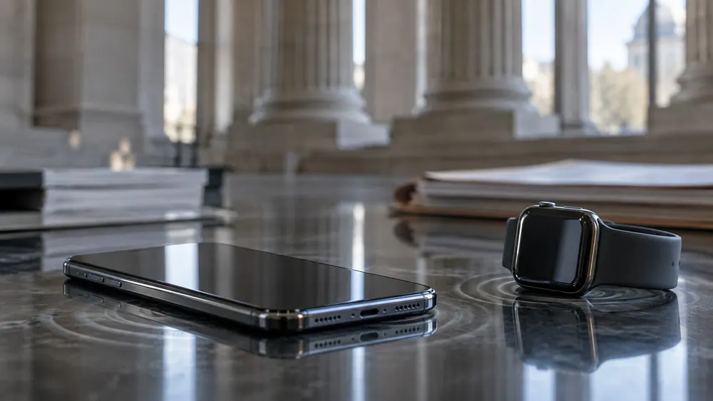 A generic smartphone and smartwatch beside court papers with subtle vibration ripples reflected on a dark surface